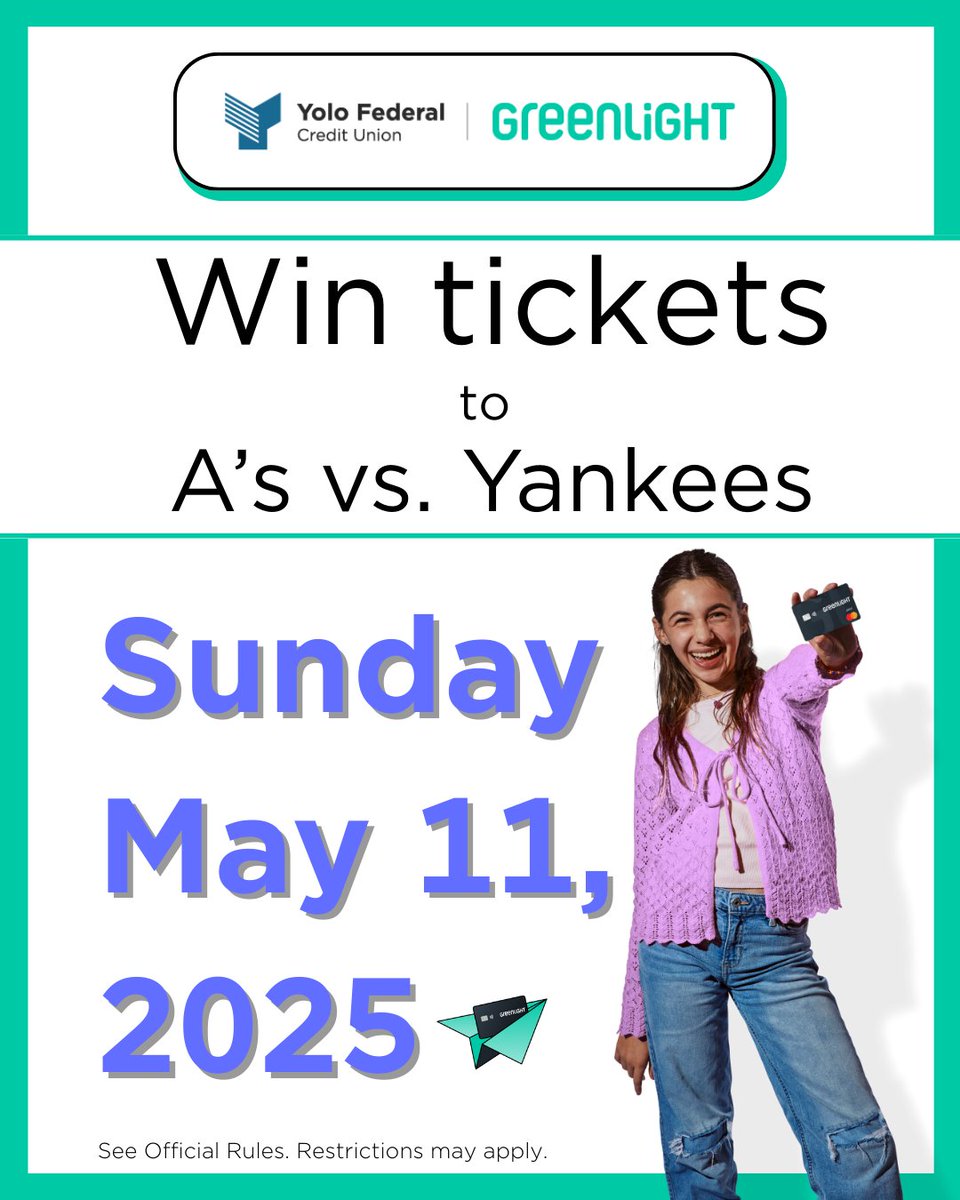 ⭐Don't miss out❗ Win 4 front row tickets to the A's vs. Yankees game on May 11. Not a member? Apply to join Yolo FCU for access to this exclusive offer at YoloFCU.org. Sign up for Greenlight by May 8th and be automatically entered to win here⚾: