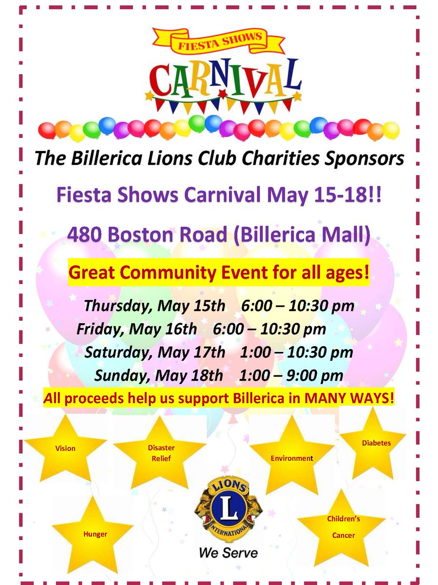 Great news! The dates for the Billerica Lions Club Carnival have been set and can be found below. This year the Carnival will be returning to the Billerica Mall!
Use this link to purchase tickets; 
fiestashows.com/fs/billerica/
