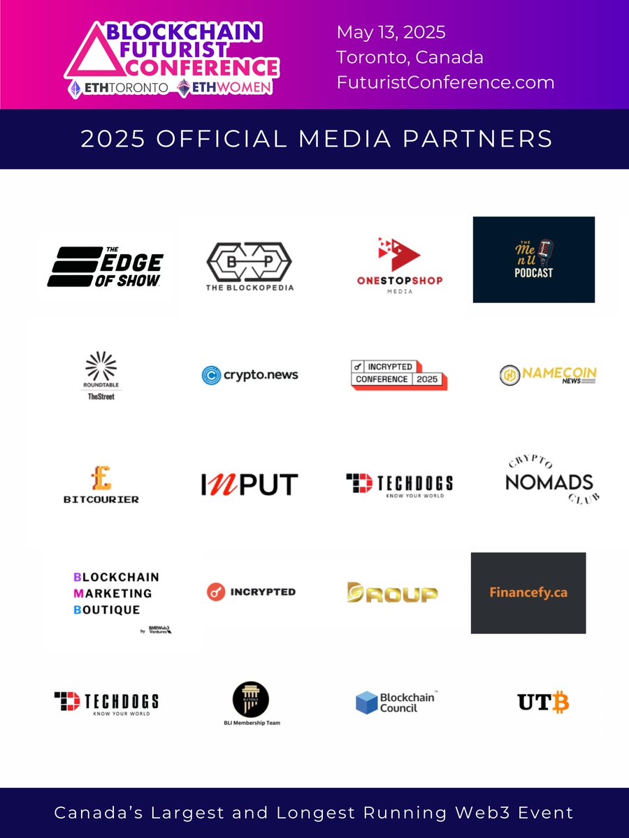 Blockchain Futurist Conference (@futurist_conf) on Twitter photo Thank you to our 2025 Media Partners! ⚡️
Your support helps drive the future of Web3 forward by supporting <a href="/Futurist_conf/">Blockchain Futurist Conference</a>, <a href="/ETH_Toronto/">ETHToronto</a>, <a href="/Ethereum_Women/">ETHWomen</a>, and Canada Crypto Week 🚀
✅ <a href="/TheEdgeofShow/">The Edge of Show 🎙</a>
✅ <a href="/theblockopedia_/">THE BLOCKOPEDIA</a>
✅ <a href="/TheStreet/">TheStreet</a>
✅ <a href="/cryptodotnews/">crypto.news</a>
✅ <a href="/incrypted/">Incrypted</a>
✅ Thank you to our 2025 Media Partners! ⚡️
Your support helps drive the future of Web3 forward by supporting <a href="/Futurist_conf/">Blockchain Futurist Conference</a>, <a href="/ETH_Toronto/">ETHToronto</a>, <a href="/Ethereum_Women/">ETHWomen</a>, and Canada Crypto Week 🚀
✅ <a href="/TheEdgeofShow/">The Edge of Show 🎙</a>
✅ <a href="/theblockopedia_/">THE BLOCKOPEDIA</a>
✅ <a href="/TheStreet/">TheStreet</a>
✅ <a href="/cryptodotnews/">crypto.news</a>
✅ <a href="/incrypted/">Incrypted</a>
✅