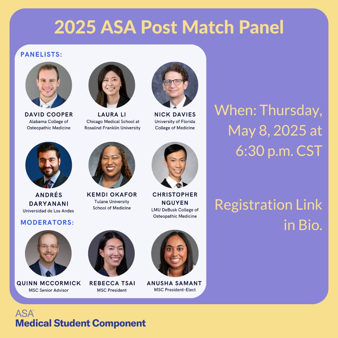 Rebecca Tsai (@rebeccanikatsai) on Twitter photo And after hearing from our lovely PDs, join us ✨TOMORROW for our 2025 POST MATCH PANEL!✨
Entering #Anesthesia #Match2026? Register now: ow.ly/g5BV50VJObp
<a href="/ASALifeline/">ASA®</a> <a href="/beccacno/">Becca Nause-Osthoff, MD</a> <a href="/pcarMD/">Phil Carullo</a> <a href="/FutureAnesRes/">FutureAnesRes</a> <a href="/Inside_TheMatch/">Inside The Match</a> <a href="/APAMSA/">APAMSA</a> <a href="/LmsaNational/">LMSA National</a> <a href="/SNMA/">The Student National Medical Association (SNMA)</a> #medstudent #MedTwitter And after hearing from our lovely PDs, join us ✨TOMORROW for our 2025 POST MATCH PANEL!✨
Entering #Anesthesia #Match2026? Register now: ow.ly/g5BV50VJObp
<a href="/ASALifeline/">ASA®</a> <a href="/beccacno/">Becca Nause-Osthoff, MD</a> <a href="/pcarMD/">Phil Carullo</a> <a href="/FutureAnesRes/">FutureAnesRes</a> <a href="/Inside_TheMatch/">Inside The Match</a> <a href="/APAMSA/">APAMSA</a> <a href="/LmsaNational/">LMSA National</a> <a href="/SNMA/">The Student National Medical Association (SNMA)</a> #medstudent #MedTwitter