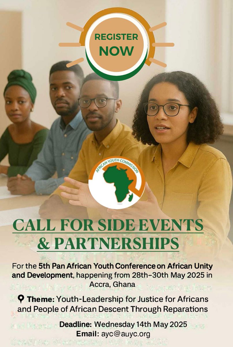 CALL FOR SIDE EVENTS AND PARTNERSHIPS!! 
Contribute to key conversations on youth leadership, justice, reparations, and inclusive development.

Deadline: Wednesday 14th May 2025

Concept Note: drive.google.com/.../18UtXkzcUz…

📷LINK TO REGISTER: forms.gle/CZuKncfccCRNA6…  #AYCInAction