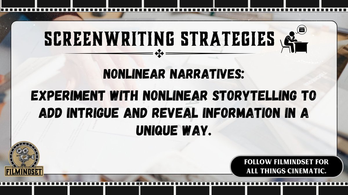 filmindset's tweet image. Shake up your story with nonlinear narratives! 🔄 Reveal information in fresh, intriguing ways to captivate your audience. #Screenwriting #NonlinearStorytelling #WritingTips #StoryCraft #Screenplay #Screenwriter #ScriptWriting #FilmScript #WritersLife