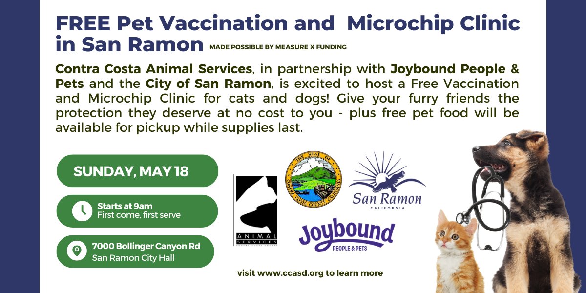 Contra Costa Residents: <a href="/CCAnimalSrvs/">Contra Costa Animal Services</a> is hosting a FREE Pet Vaccination &amp; Microchip Clinic for dogs and cats at San Ramon City Hall on Sunday, May 18 at 9 a.m.: cityofsanramon.info/petclinic51825