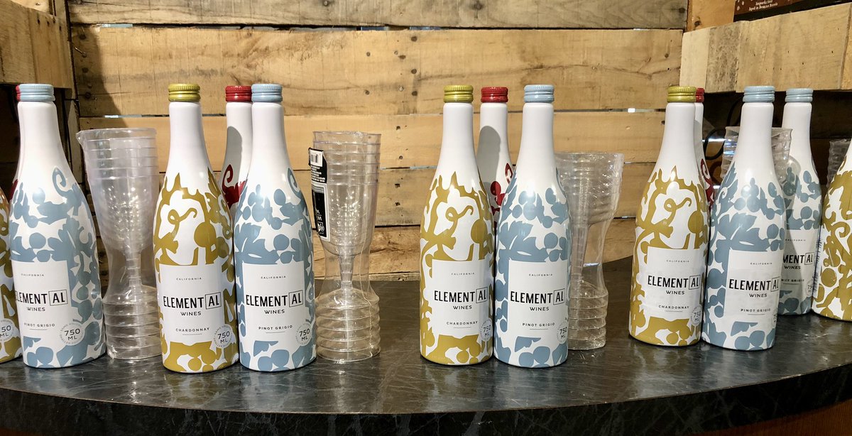 Wine in Aluminum bottles packaged ready for the boat, pool or anywhere glass is a no go. 
$33.99 for the package of Chardonnay, Pinot Grigio and a chill-able Pinot Noir. Packaged with 6 plastic wine glasses.