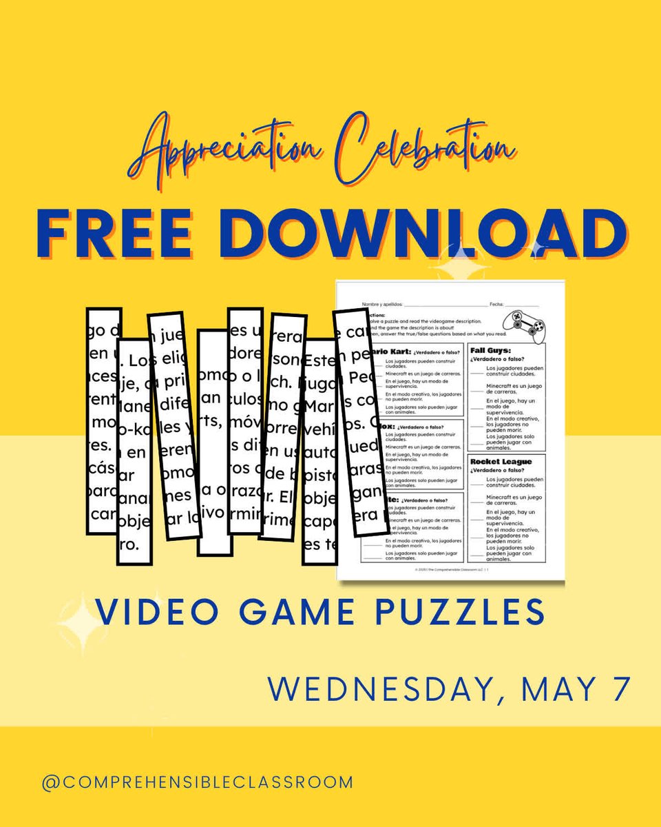 FREE GIFT for teachers!

With Video Game Puzzles, you and your students have 10 descriptions of popular video games -- made into a PUZZLE!

Download from comprehensibleclassroom.com with coupon code VIDEOGIFT25.

comprehensibleclassroom.com/products?sortB…