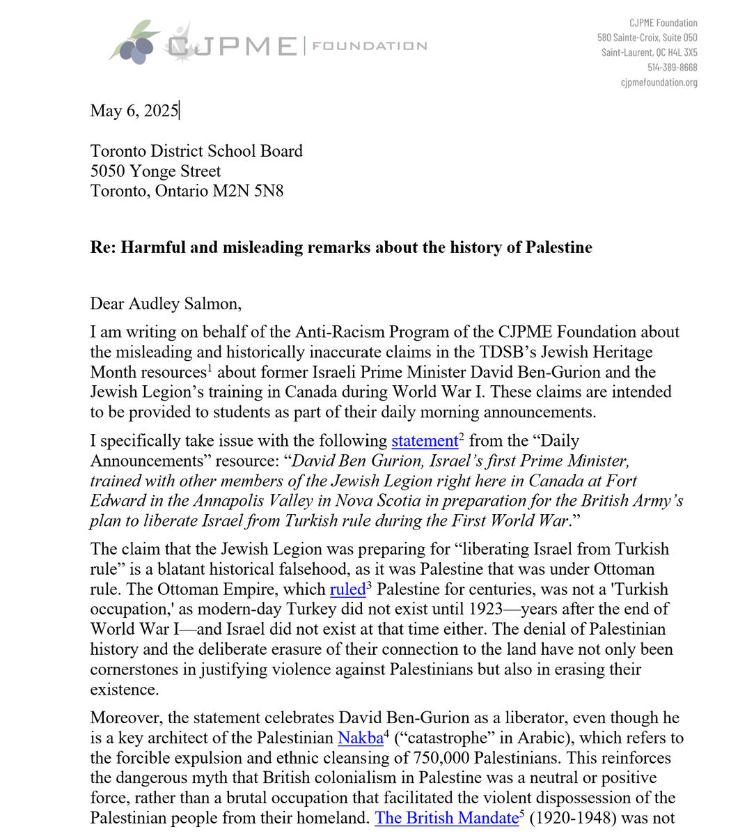 OpposeAPR's tweet image. The ARPCF sent a letter to Audley Salmon, Associate Director of Learning Transformation and Equity, denouncing the TDSB’s erasure of Palestinian history and its glorification of violent colonialism as a benevolent event.