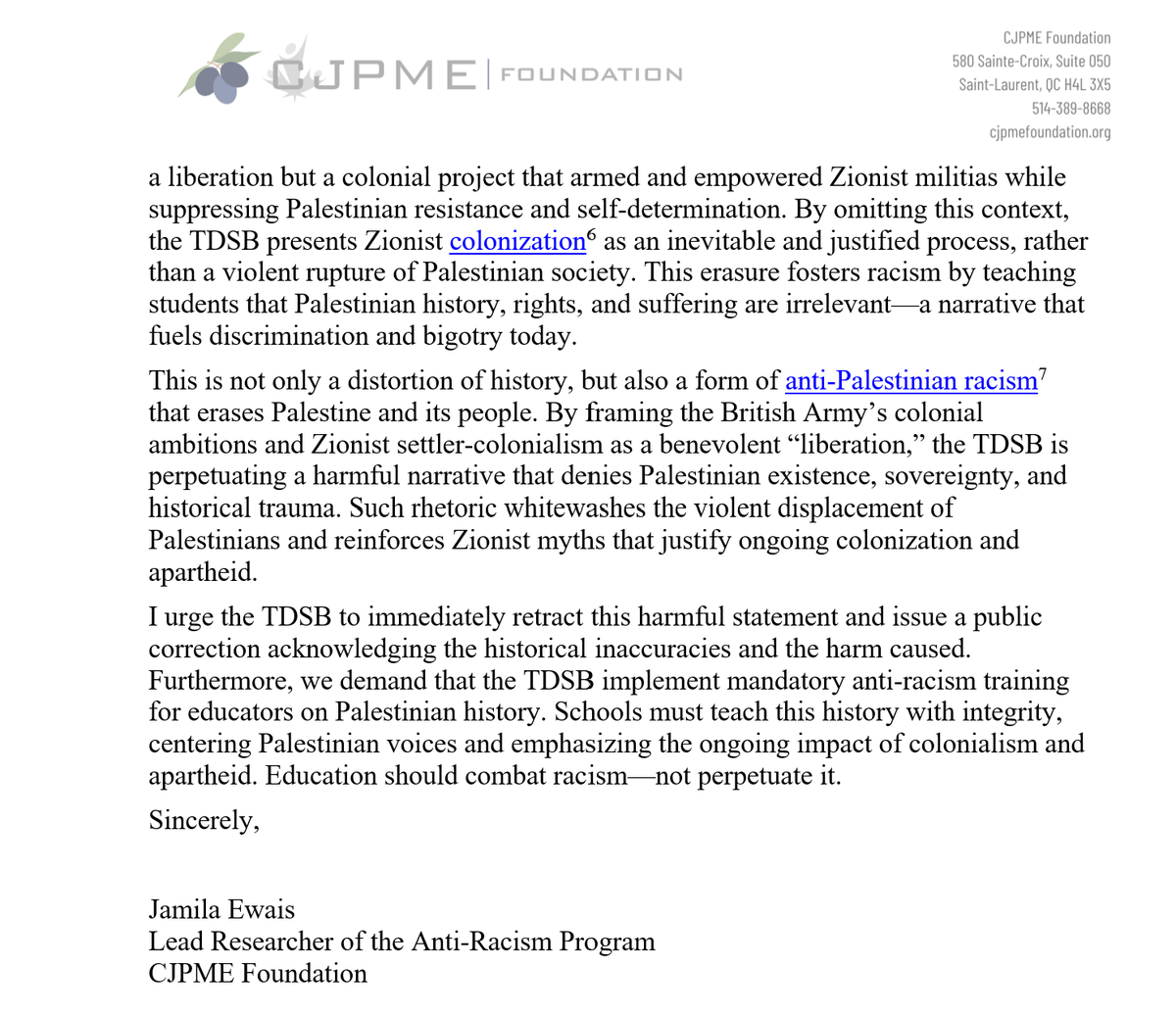 OpposeAPR's tweet image. The ARPCF sent a letter to Audley Salmon, Associate Director of Learning Transformation and Equity, denouncing the TDSB’s erasure of Palestinian history and its glorification of violent colonialism as a benevolent event.