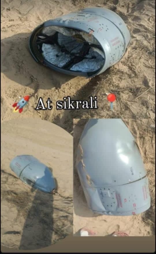 i_themysti's tweet photo. Another threat neutralized! 🇵🇰air defense systems successfully intercepted and shot down an Indian #BrahMos supersonic cruise missile during their attempted attack last night (May 6-7). Wreckage, including booster &amp; nose cap, has been recovered in Rajasthan. #PakistanAirDefenses https://t.co/KfVUsE8BYi