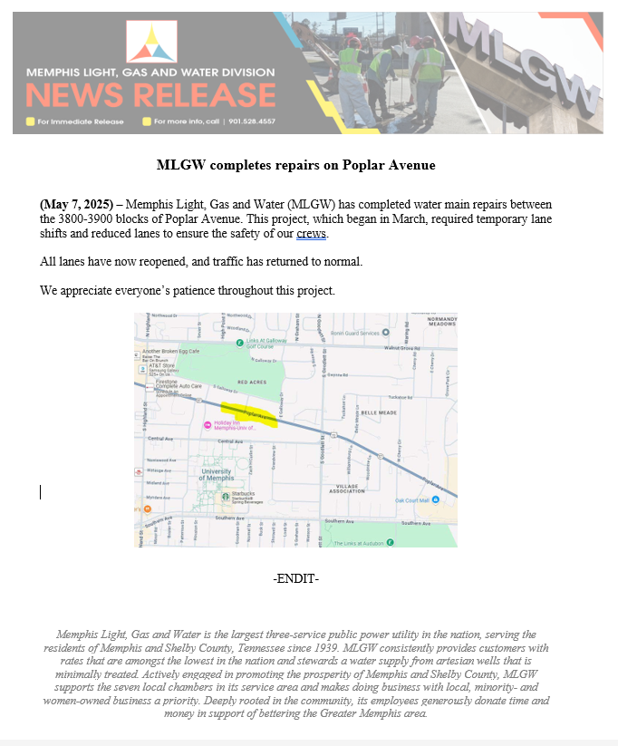 MLGW's tweet photo. #MLGW has completed water main repairs between the 3800-3900 blocks of Poplar Avenue. This project, which began in March, required temporary lane shifts and reduced lanes to ensure the safety of our crews.

All lanes have now reopened, and traffic has returned to normal.

We appreciate everyone’s patience throughout this project.