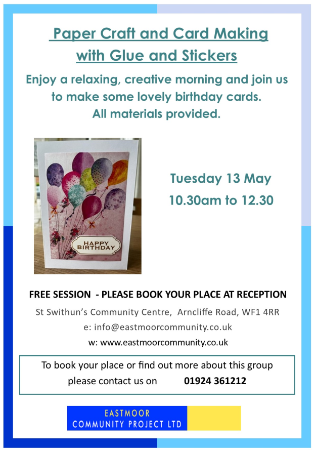 Offer from St Swithuns Community Centre
Join us for a fun and creative Card Making Event! Whether you're a seasoned crafter or just looking to try something new, come design your own personalised Birthday cards with all the supplies provided. Bring a friend and let’s get creative