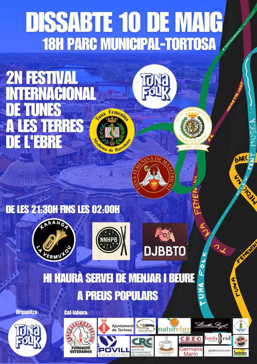 AGENDA | 📣 Aquest dissabte tindrà lloc el segon Festival Internacional de Tunes a les Terres de l'Ebre, organitzat per Tuna Folk, una entitat en dues dècades de trajectòria. 

🗒️Dissabte 10 de maig
⏰18.00
📍Parc municipal Teodor Gonzàlez