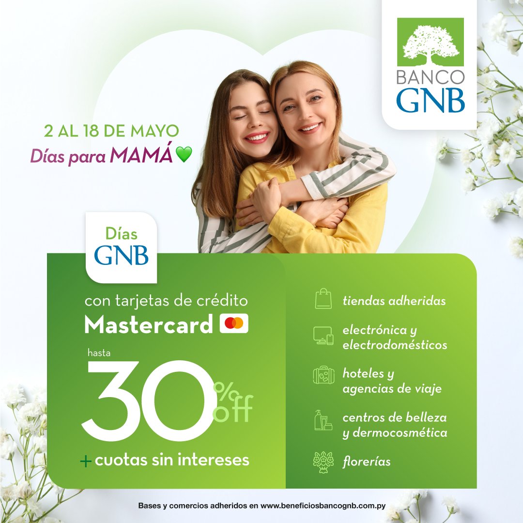 Del 2 al 18 de mayo, disfrutá de #DiasParaMamá y devolvele un poquito de tanto amor con descuentos de hasta 30% y cuotas sin intereses con tus tarjetas de crédito Banco GNB Mastercard. 💕

👉 Tecnología, viajes, belleza, flores y mucho más para sorprenderla.🥰🥰

Más información