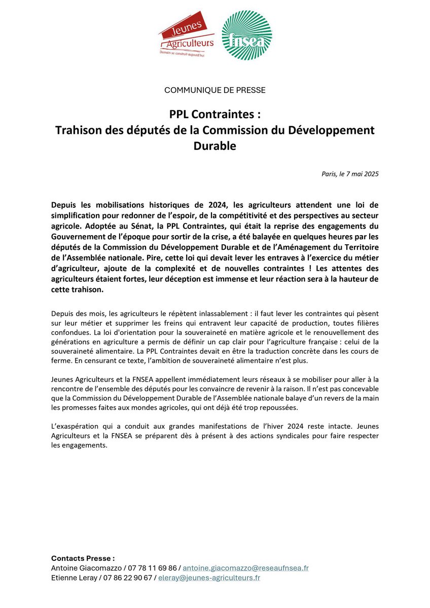 La déception de la profession agricole est à la hauteur de la trahison ; immense !

C’est profondément inacceptable et irresponsable !

Les députés <a href="/AN_DevDur/">Commission du développement durable</a>, vous cherchez à anéantir l’agriculture 🇫🇷?

Comme <a href="/MFesneau/">Marc Fesneau</a> vous avez oublié les engagements du <a href="/gouvernementFR/">Gouvernement</a> et du