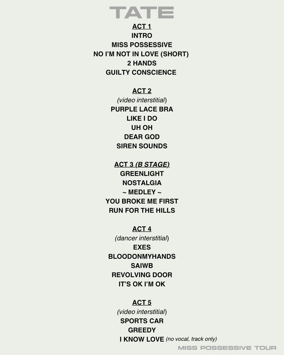 t8mcraetours's tweet image. Official Miss Possessive Tour Setlist!