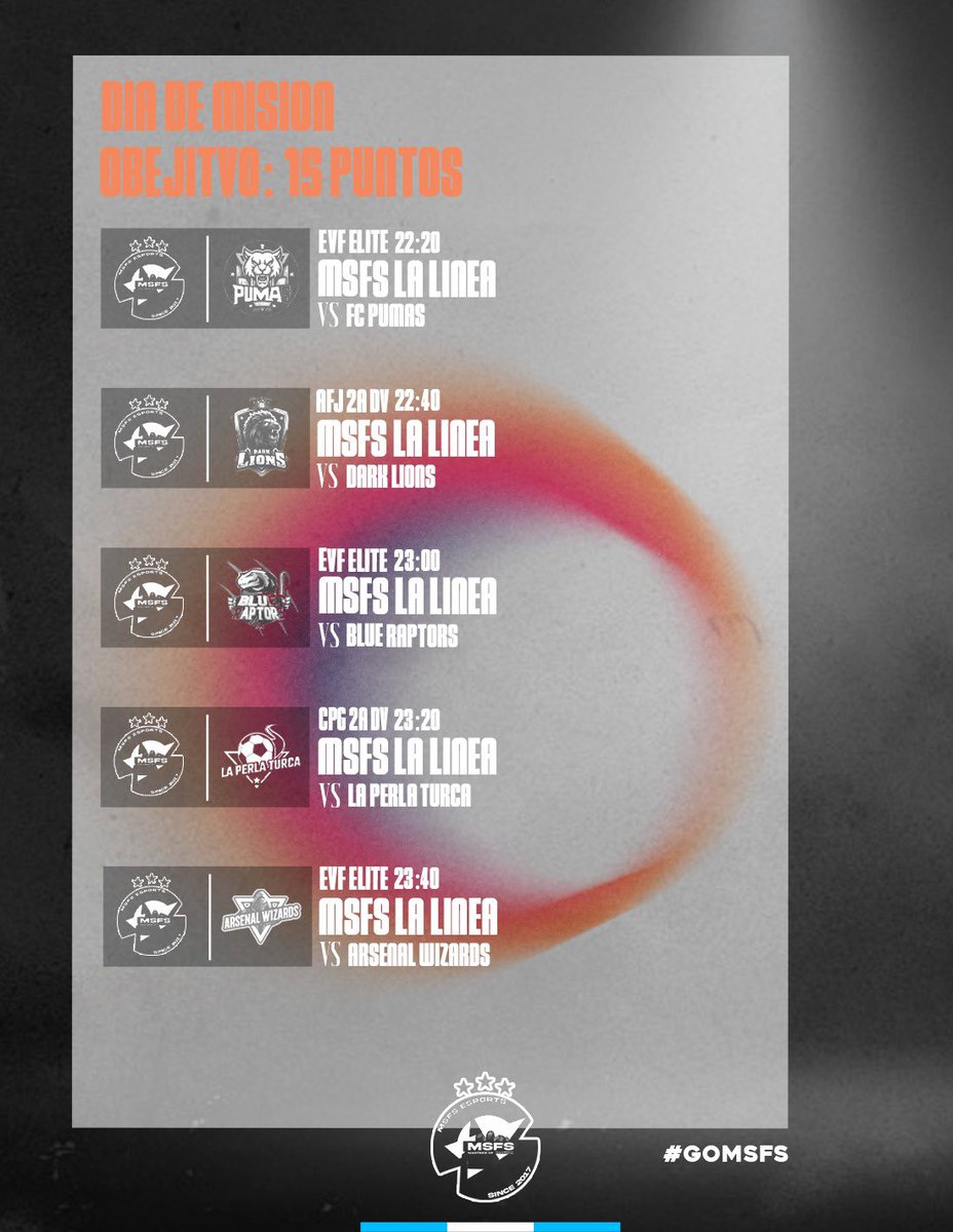 MSFSesports (@msfsesports) on Twitter photo Día lleno de actividad para los nuestros con un claro objetivo hacer un 5/5
Nos encontramos preparados para esta noche dura vamos con todo.
Mucha suerte a los rivales!
<a href="/Martins111911/">PUMAS FC TEAM</a> <a href="/DarkLionsCF/">Dark Lions CF • 🖤💛 • 🦁👑</a> <a href="/Blue_Raptors_Fx/">Blue Raptors Fx</a> <a href="/laperlaturca77/">LA PERLA TURCA</a> <a href="/ARSENALWIZARDS/">ARSENAL WIZARDS</a>
#goMSFS Día lleno de actividad para los nuestros con un claro objetivo hacer un 5/5
Nos encontramos preparados para esta noche dura vamos con todo.
Mucha suerte a los rivales!
<a href="/Martins111911/">PUMAS FC TEAM</a> <a href="/DarkLionsCF/">Dark Lions CF • 🖤💛 • 🦁👑</a> <a href="/Blue_Raptors_Fx/">Blue Raptors Fx</a> <a href="/laperlaturca77/">LA PERLA TURCA</a> <a href="/ARSENALWIZARDS/">ARSENAL WIZARDS</a>
#goMSFS