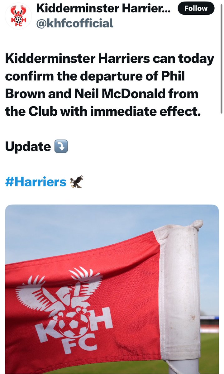 Kiddy showing up the bigger clubs by doing things properly here, ending the Brown era in style with this route one sad corner flag that is somewhat reminiscent of some of Rothko’s work. Well played! 8/10 #Harriers 🦅