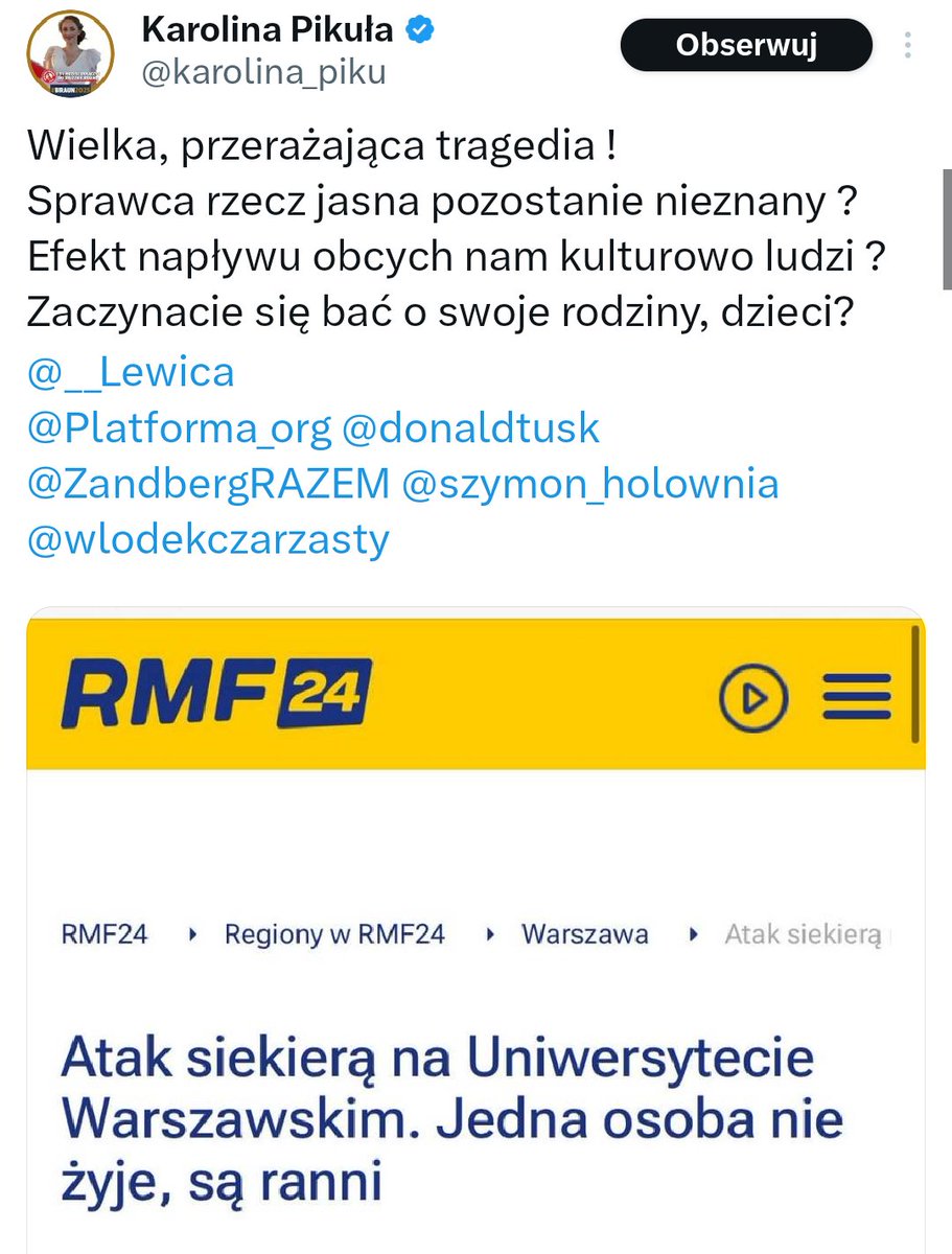 Pani .<a href="/karolina_piku/">Karolina Pikuła</a> czy pani pojęcie wstydu jest znane? Czy środowisko posła Brauna każdą tragedię chce wykorzystywać do szczucia na obcokrajowców? Milczenie jest złotem, gdy się nie ma nic mądrego do powiedzenia.