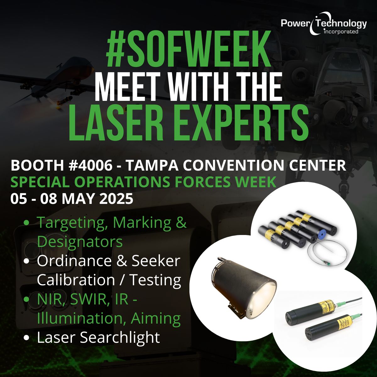 Power Technology, Inc - The Laser Experts (@thelaserexperts) on Twitter photo Tomorrow is our final day at #SOFWeek in Tampa—expo doors open at 10 AM! After back-to-back days of deep dives into advanced photonics applications in defense, aerospace and special operations, we're set for one last action-packed day. Swing by booth #4006 to see <a href="/TheLaserExperts/">Power Technology, Inc - The Laser Experts</a> Tomorrow is our final day at #SOFWeek in Tampa—expo doors open at 10 AM! After back-to-back days of deep dives into advanced photonics applications in defense, aerospace and special operations, we're set for one last action-packed day. Swing by booth #4006 to see <a href="/TheLaserExperts/">Power Technology, Inc - The Laser Experts</a>