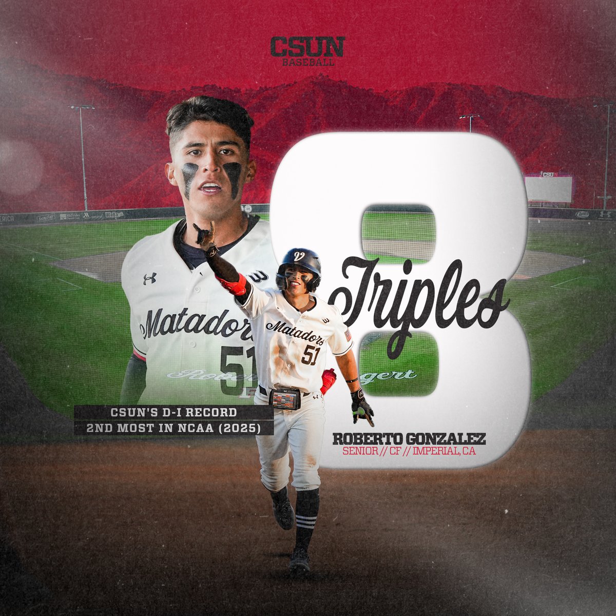 CSUN Baseball (@csunbaseball) on Twitter photo ๐๐ฅ๐๐๐๐ฎ ๐๐ค๐ฃ๐ฏ๐๐ก๐๐ฏ ๐จ
In the win over San Diego State last night, Roberto Gonzalez broke CSUN's Division I record for triples in a season. His 8โฃ also rank second in the nation.
#GoMatadors x <a href="/gonzalezrbob/">Roberto Gonzalez</a> ๐๐ฅ๐๐๐๐ฎ ๐๐ค๐ฃ๐ฏ๐๐ก๐๐ฏ ๐จ
In the win over San Diego State last night, Roberto Gonzalez broke CSUN's Division I record for triples in a season. His 8โฃ also rank second in the nation.
#GoMatadors x <a href="/gonzalezrbob/">Roberto Gonzalez</a>