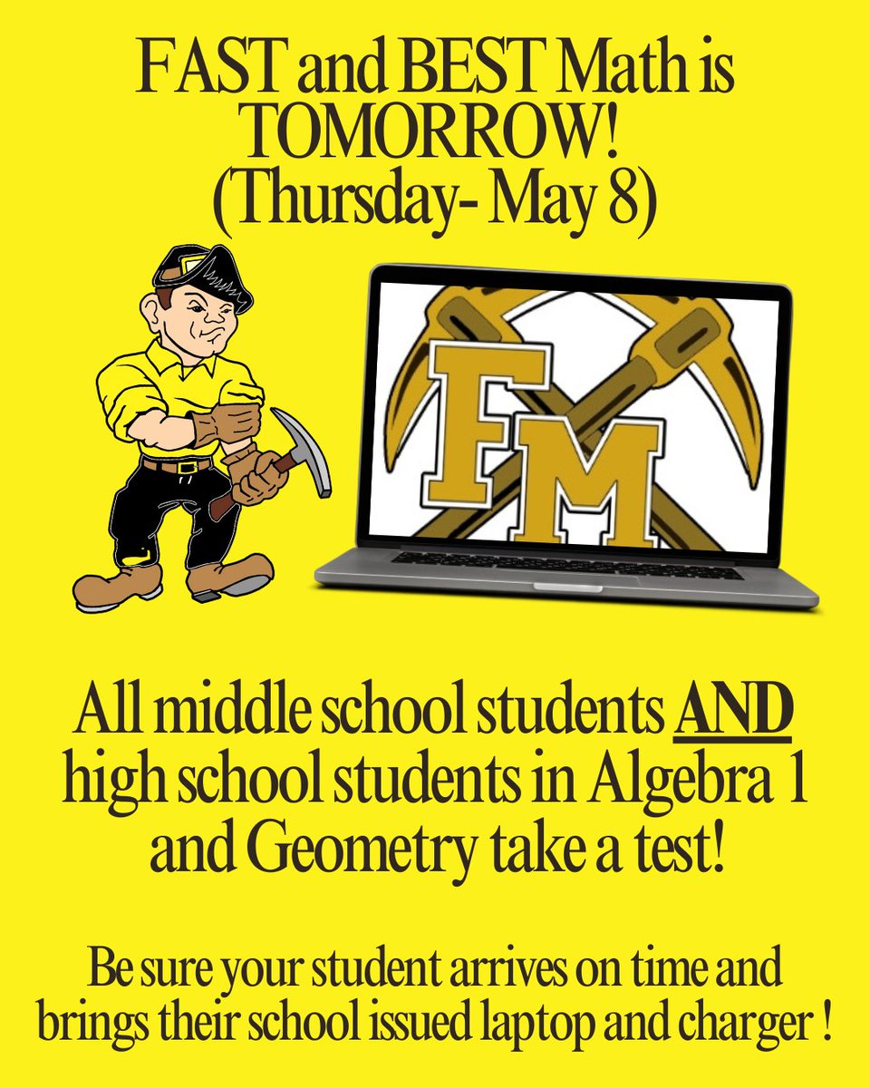 Fort Meade Mid/Sen (@fmmshs) on Twitter photo Testing tomorrow! All middle school students and high school students in Algebra 1 and Geometry test tomorrow! Be sure they arrive on time, with a charged laptop and charger, ready to test! Testing tomorrow! All middle school students and high school students in Algebra 1 and Geometry test tomorrow! Be sure they arrive on time, with a charged laptop and charger, ready to test!