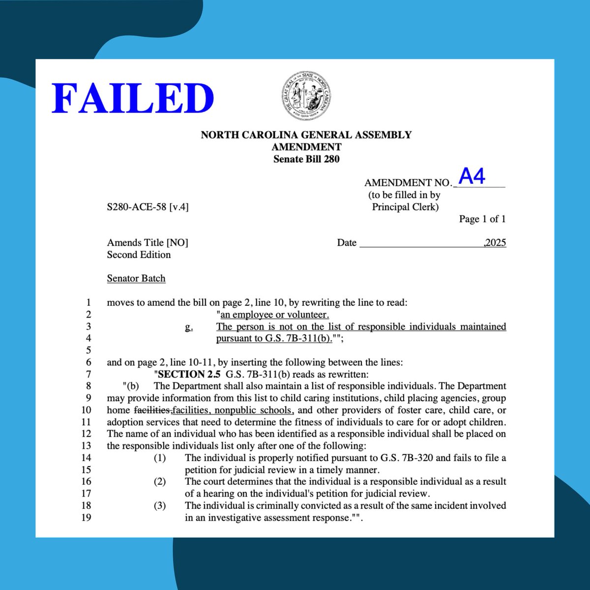 NC Senate Republicans just voted to let child abusers bring guns into your child’s private school—without a background check (RIL List). 

They had the chance to stop it, and they voted NO. This is what they chose. Not safety. Not responsibility. Just danger for our kids. #ncpol