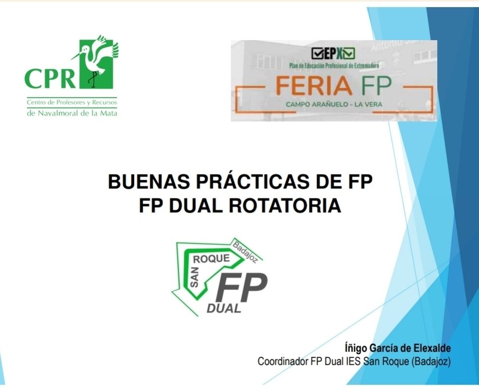 FPSanRoque's tweet image. Hoy nuestro compañero Íñigo García @igarciaelexalde representó al @IesSanRoque en la feria de FP de Navalmoral de la Mata donde dió una charla sobre buenas prácticas en FP, explicando el proyecto de FP Dual Rotatoria del GFGS de Mant. de inst. Térmicas y fluidos.
@FpExtremadura