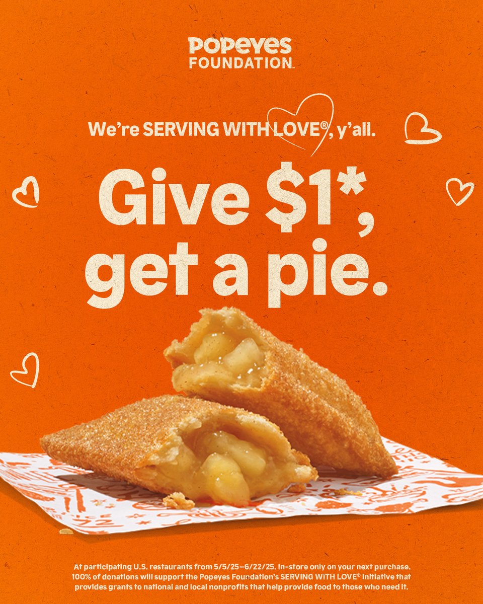 Giving back has never been sweeter! Donate $1 and get a free Apple Pie with your next purchase, while providing food to those in need. *At participating U.S. restaurants from 5/5/25 - 6/22/25. In-store only.