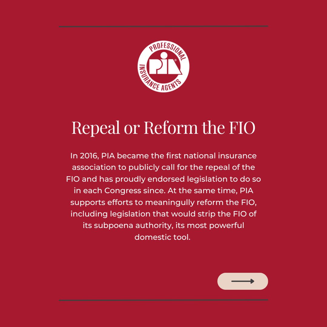 PIANational's tweet image. In 2016, PIA became the first national insurance association to call for the repeal of the Federal Insurance Office. As an ongoing threat to the state insurance regulatory system, PIA remains at the forefront of efforts to repeal or reform the FIO.