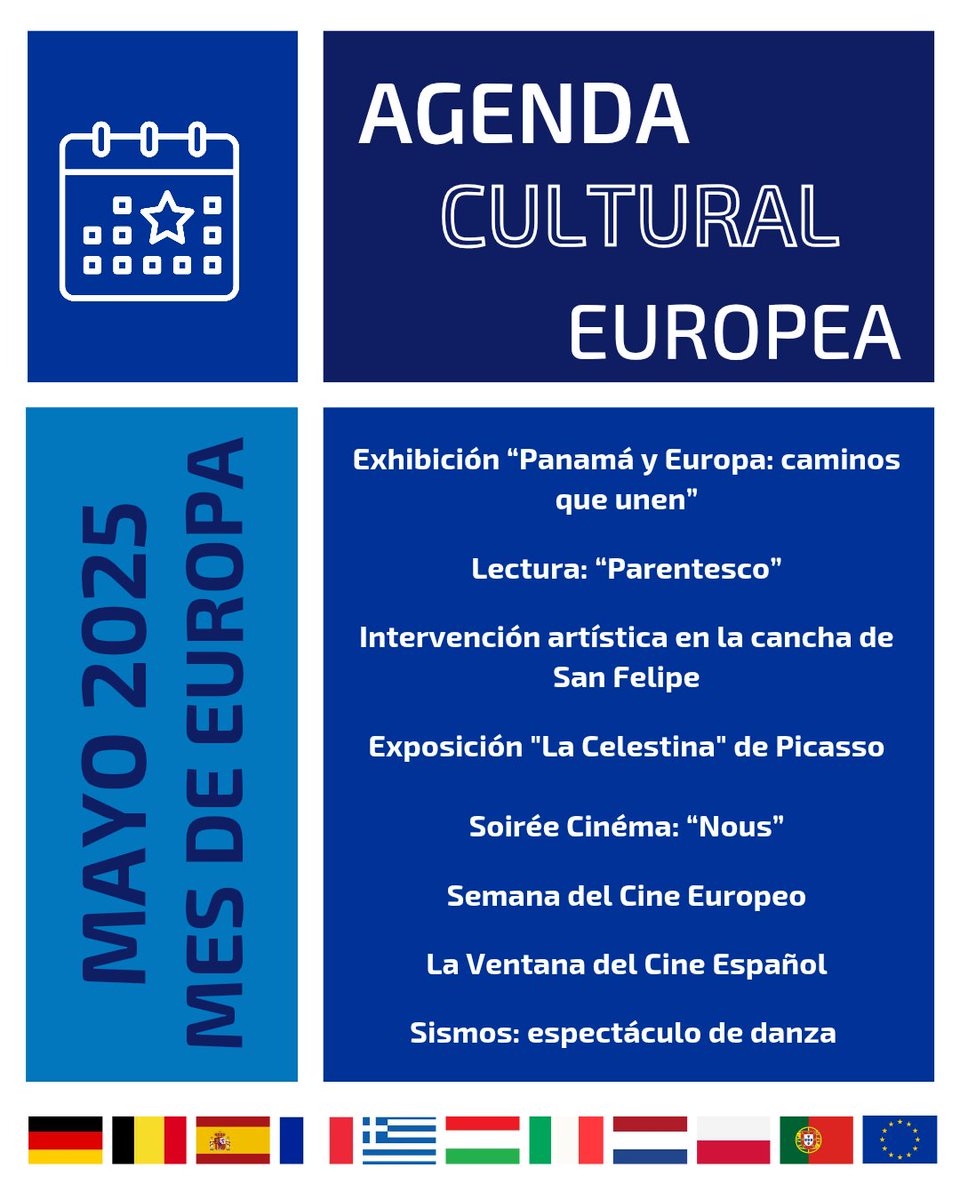 UEenPanama's tweet image. 📣 AGENDA CULTURAL del Equipo Europa en el MES DE EUROPA 🇪🇺🇩🇪🇧🇪🇪🇸🇫🇷🇬🇷🇭🇺🇮🇹🇳🇱🇵🇱🇵🇹 en Panamá 📣
🇪🇺 Panamá y Europa: caminos que unen
🇫🇷 Parentesco
🇪🇸 La Celestina de Picasso
🇫🇷 Soirée Cinéma
🇪🇺 Semana del Cine Europeo
🇪🇸 La Ventana del Cine Español
🇪🇸 Espectáculo de danza
