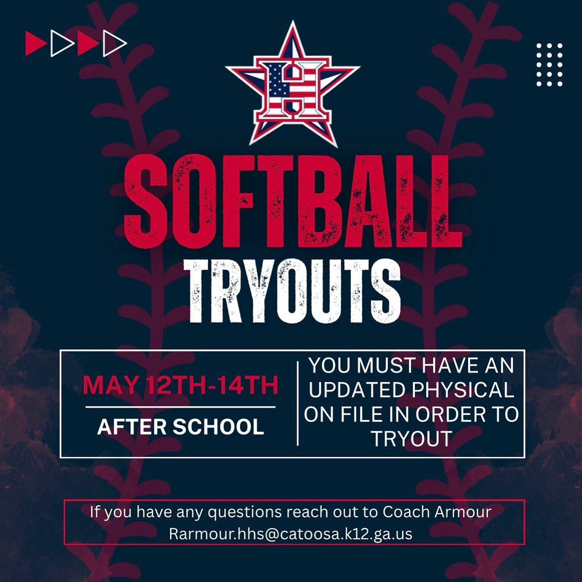 Heritage Softball will have tryouts for the 2025 season next week, May 12th-14th, after school. If you plan to tryout, please make sure you have an updated physical and bring all personal equipment. Please have cleats and turfs/tennis shoes everyday. ❤️💙🥎