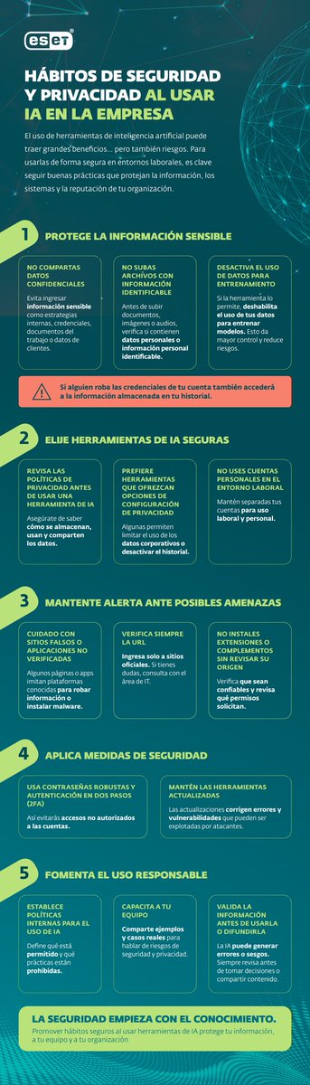 Juan_Maran's tweet photo. ¿Que hábitos de seguridad y privacidad deben tener en cuenta las empresas al usar herramientas de inteligencia artificial? #infografia

https://t.co/YSdrsJjO0O https://t.co/mbWI9P3XNg