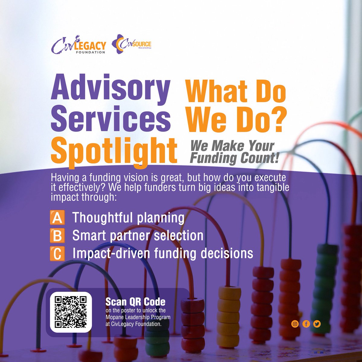 CivLegacy_F's tweet photo. 🔦Advisory Services Spotlight
What Do We Do?⁉️
👌🏾We Make Your Funding Count!
We help funders turn big ideas into tangible impact through:
✔ Thoughtful planning
✔ Smart partner selection
ℹ️For more information 🔗: https://t.co/CCfs7JIwJT
#AdvisorySpotlight
#CivLegacyAdvisory https://t.co/uAJl4bPCkB