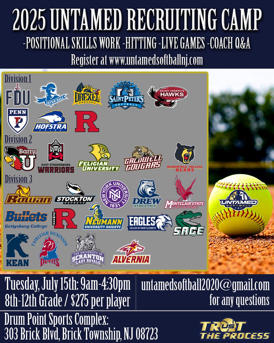 Announcing our 3rd annual recruiting camp! Tuesday, July 15th from 9am-4:30pm at the Drum Point Complex in Brick NJ. Positional skill work, hitting and live games with 27 college coaches. Register early because we sold out last year!! Link in bio