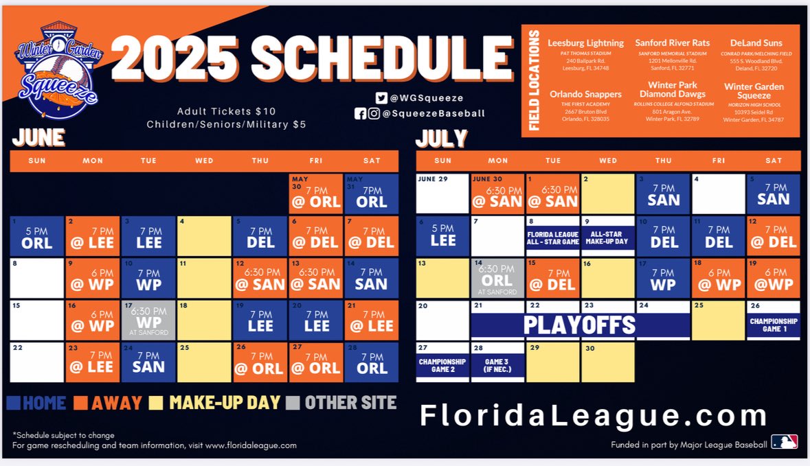 Winter Garden Squeeze (@wgsqueeze) on Twitter photo Itās here! Itās here! The 2025 Squeeze schedule has been released. We canāt wait to see you out at the 16 home games hosted by <a href="/BaseballHorizon/">Horizon Baseball</a> this summer. Opening Night is May 31st! <a href="/floridaleague/">Florida League</a> <a href="/LegendsOnDeck/">LegendsOnDeckĀ®</a> Itās here! Itās here! The 2025 Squeeze schedule has been released. We canāt wait to see you out at the 16 home games hosted by <a href="/BaseballHorizon/">Horizon Baseball</a> this summer. Opening Night is May 31st! <a href="/floridaleague/">Florida League</a> <a href="/LegendsOnDeck/">LegendsOnDeckĀ®</a>
