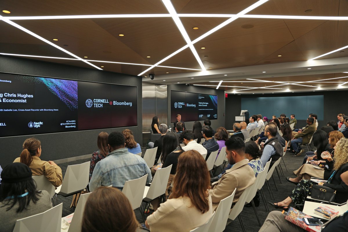 cornell_tech's tweet photo. Tonight’s Cornell @TechAtBloomberg featuring Author &amp; Economist @chrishughes &amp; Bloomberg News' @isabelletanlee discussed Hughes’ new book "Marketcrafters"—which explores how markets have been shaped over the past century to solve real-world problems. @Bloomberg @TechNYC #CTechBBG https://t.co/vhSzqvdgsE