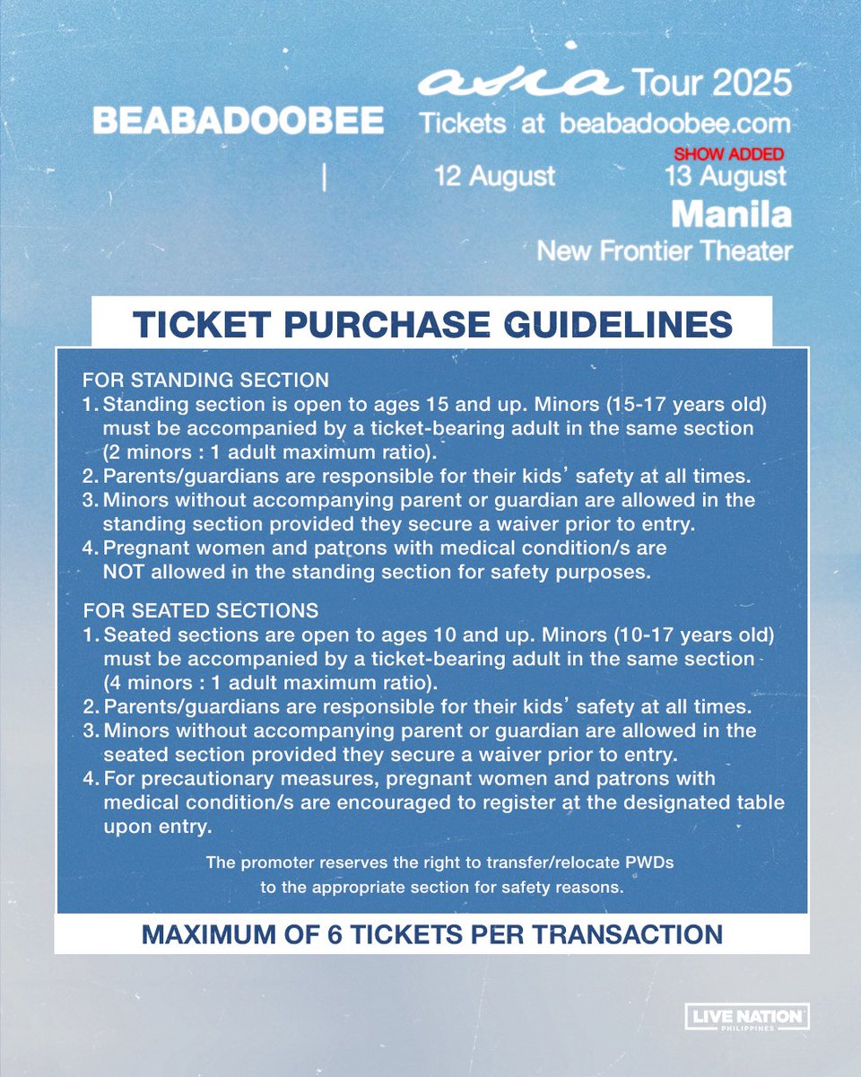 The wait is over. 🎟️

General Onsale starts TODAY at 12PM!
Be part of an unforgettable night with beabadoobee!

beabadoobee Asia Tour 2025
📅 August 12 &amp; 13, 2025
📍 New Frontier Theater

🎫 Tickets will be available at ticketnet.com.ph and Ticketnet outlets.

More info at