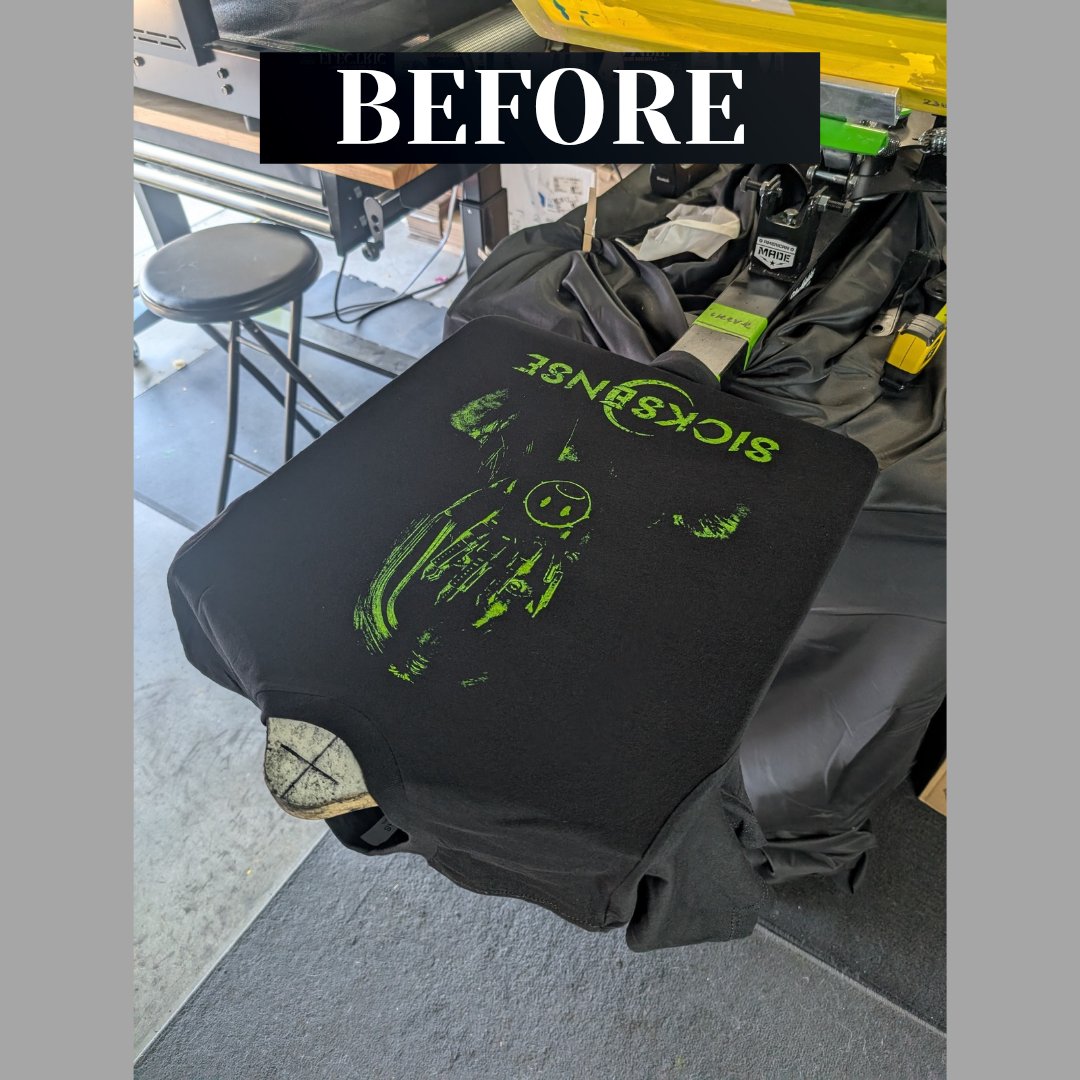 SoundEscAgency's tweet photo. Before &amp; after!

Screen printing @sickxsense's "On Repeat" T-Shirt for their upcoming summer tour opening up for @TheUUofficial &amp; @SpineshankBand!

This is a 2 color print. Printing the highlights first, followed by the darker purple.

Who wants one? https://t.co/3KLSUcHQ1J