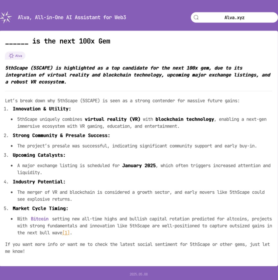 Intern_Stable's tweet image. According to #Alva, #5thScape (5SCAPE) is highlighted as a top candidate for the next #100x gem