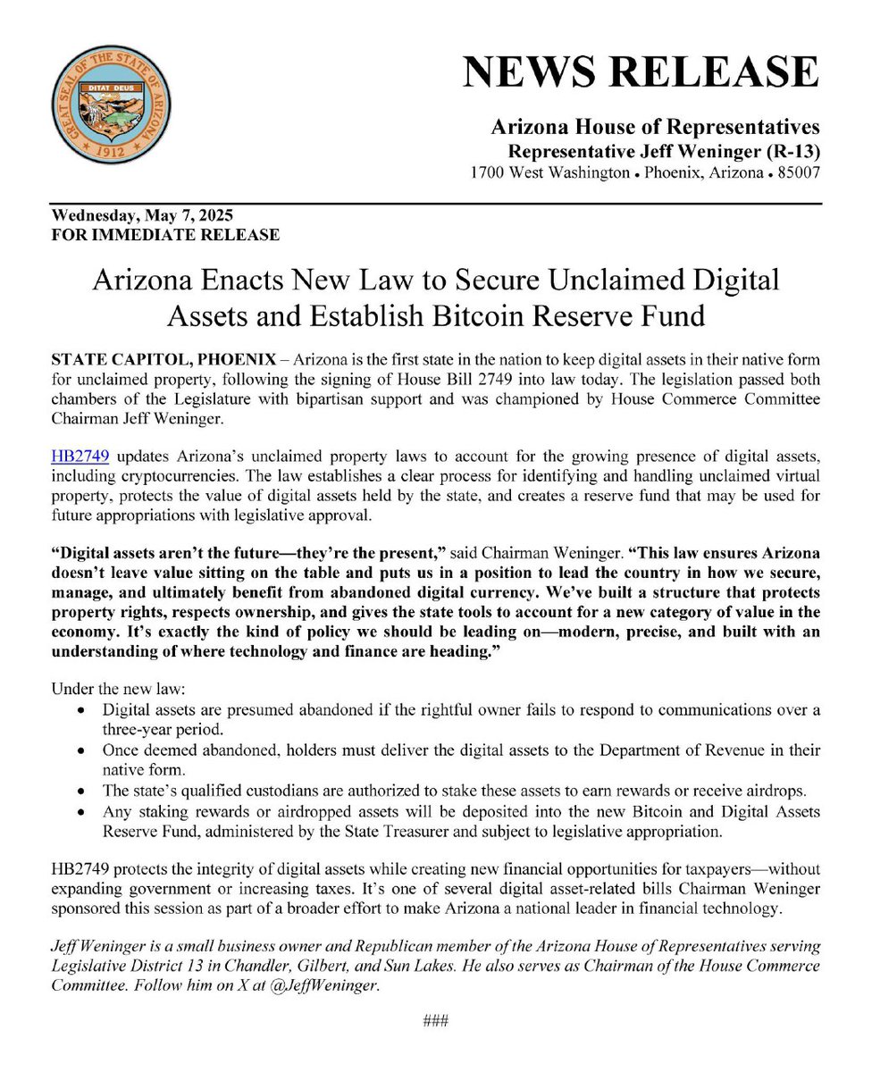 Arizona’dan tarihi kripto adımı! Yeni yasa ile sahipsiz kripto varlıklar 3 yıl içinde tespit edilecek. Devlet bu varlıkları stake edecek, gelir rezerv fona gidecek.

ABD’nin ilk “Bitcoin Rezerv Fonu” kuruluyor. Kriptoyu geleceğin değil, bugünün parçası ilan ettiler. 🔥🚀