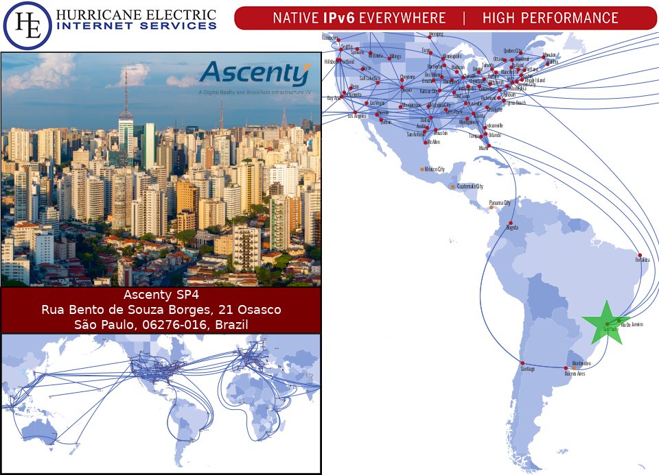 We're now live at @Ascenty SP4! This is our 4th POP in São Paulo, 7th POP in Brazil, 10th POP in South America, and our 331st POP worldwide.

Order #1Gbps #GigE #Gigabit #10Gbps #10GE #100Gbps #100GE #IPTransit #bandwidth #datacenter