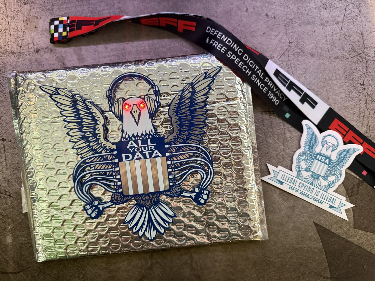 In case you missed it the proceeds go to <a href="/EFF/">EFF</a>, not some fed-funded honeypot. 🍯
Support digital privacy! 🔐
Support <a href="/defcon/">DEF CON</a> #badgelife!⚡
Do it for the creds. Do it for the lanyard. Do it for the blinky freedom. Do it for the cause. nsaeagle.eventbrite.com