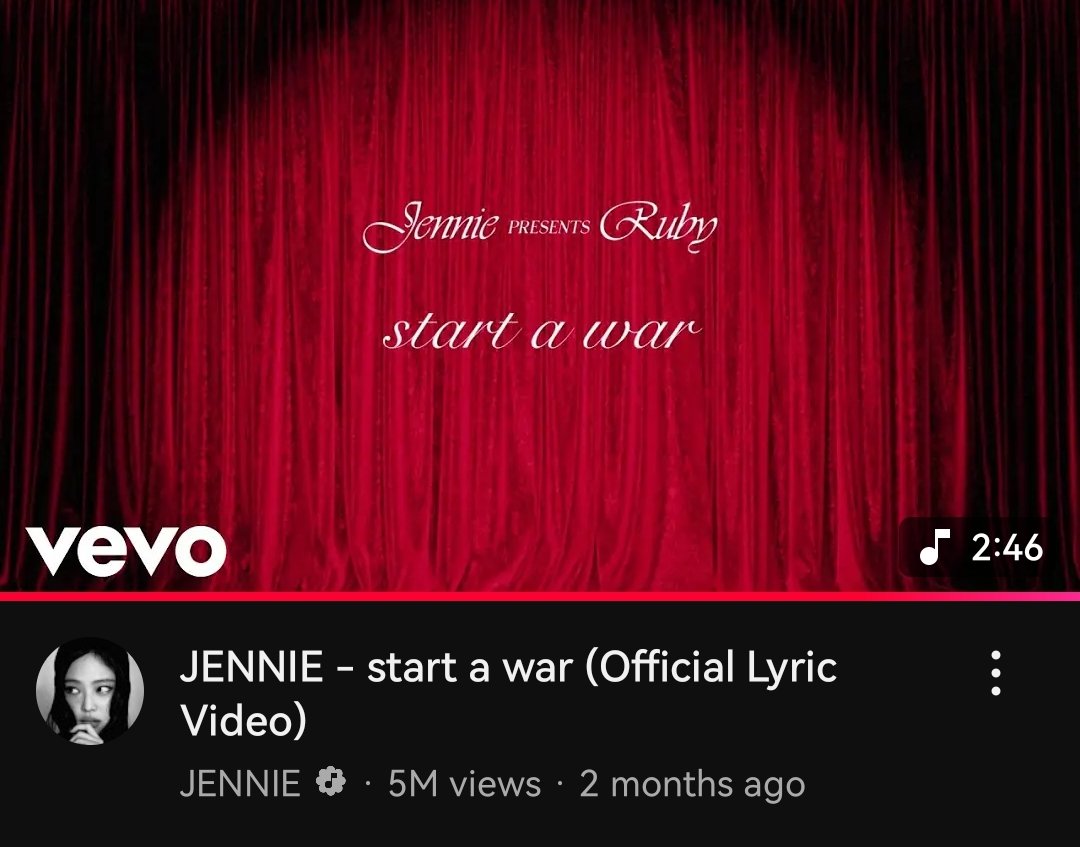 blackpinkXyt's tweet photo. #JENNIE - start a war (Official Lyric) has surpassed 5 million views.

‣ https://t.co/ny14FuhfqX

#StartAWar #Ruby #OA @oddatelier https://t.co/nVVsk702Ru