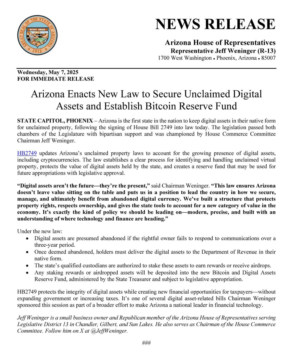 🇺🇸HB2749が成立し、アリゾナ州初の「仮想通貨準備金」が正式に創設されました。（HB1373はまだ）  投資は許可されていませんが、未請求資産｜エアドロップ｜ステーキング報酬を準備金として管理します。 注目は、ホッブス知事が「仮想通貨に前向きな法案」に署名した  ...