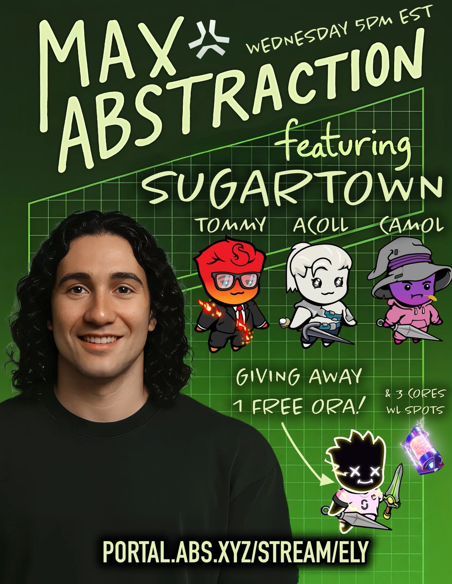 THIS ONE IS GONNA BE A BANGER!

On MAX ABSTRACTION, we're talking to the <a href="/visitsugartown/">Sugartown</a> team.

- $WIN + Abstract XP
- Upcoming CORES mint
- Exclusive Alpha

AND WE'RE GIVING AWAY 1 FREE ORA NFT + 3 CORES WL SPOTS!

TOMORROW @ 5PM EST. LIVE ON <a href="/AbstractChain/">Abstract</a>.