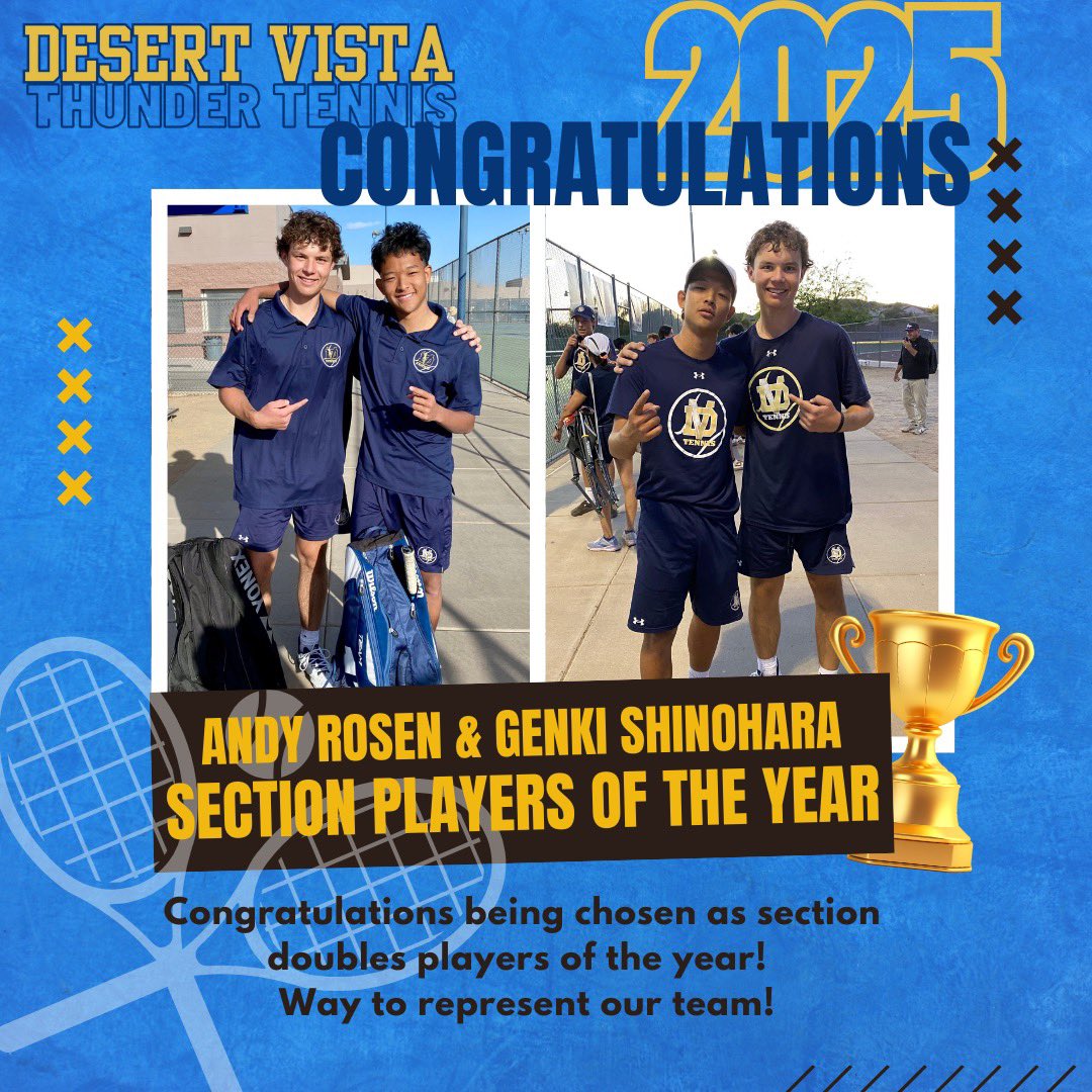 Desert Vista Athletics (@thedvway) on Twitter photo Congratulations to Andy Rosen and Genki Shinohara on being selected as Section Doubles Players of the Year! <a href="/DVHS_TUHSD/">Desert Vista High School</a> <a href="/huffine_tuhsd/">David Huffine</a> Congratulations to Andy Rosen and Genki Shinohara on being selected as Section Doubles Players of the Year! <a href="/DVHS_TUHSD/">Desert Vista High School</a> <a href="/huffine_tuhsd/">David Huffine</a>