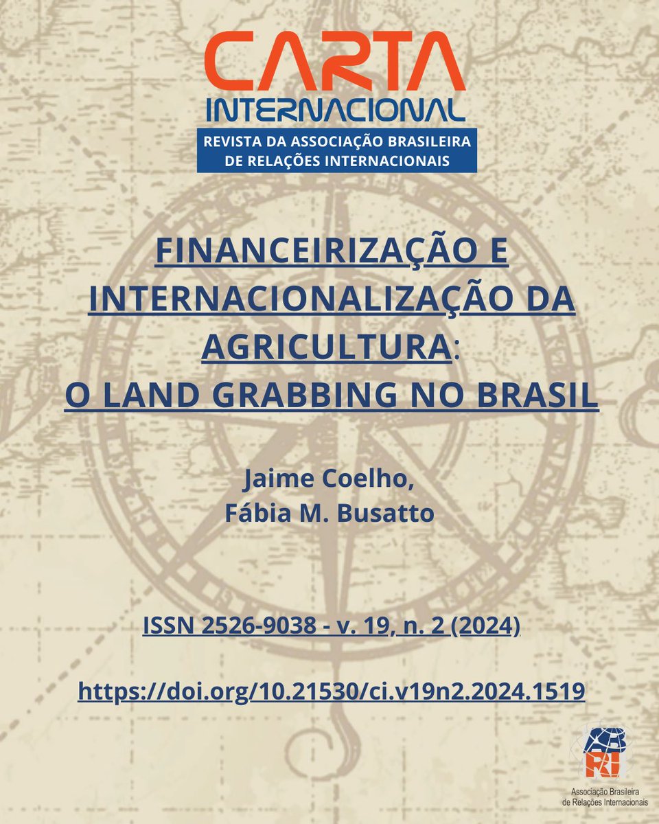 📢 Quem Realmente Controla as Terras Agrícolas do Brasil? 

🔍 Entenda como fundos de investimento e corporações transformaram terras em commodities, e o paradoxo brasileiro como potência agrícola
doi.org/10.21530/ci.v1… 
#LandGrabbing #Agronegócio #RelaçõesInternacionais #Brasil