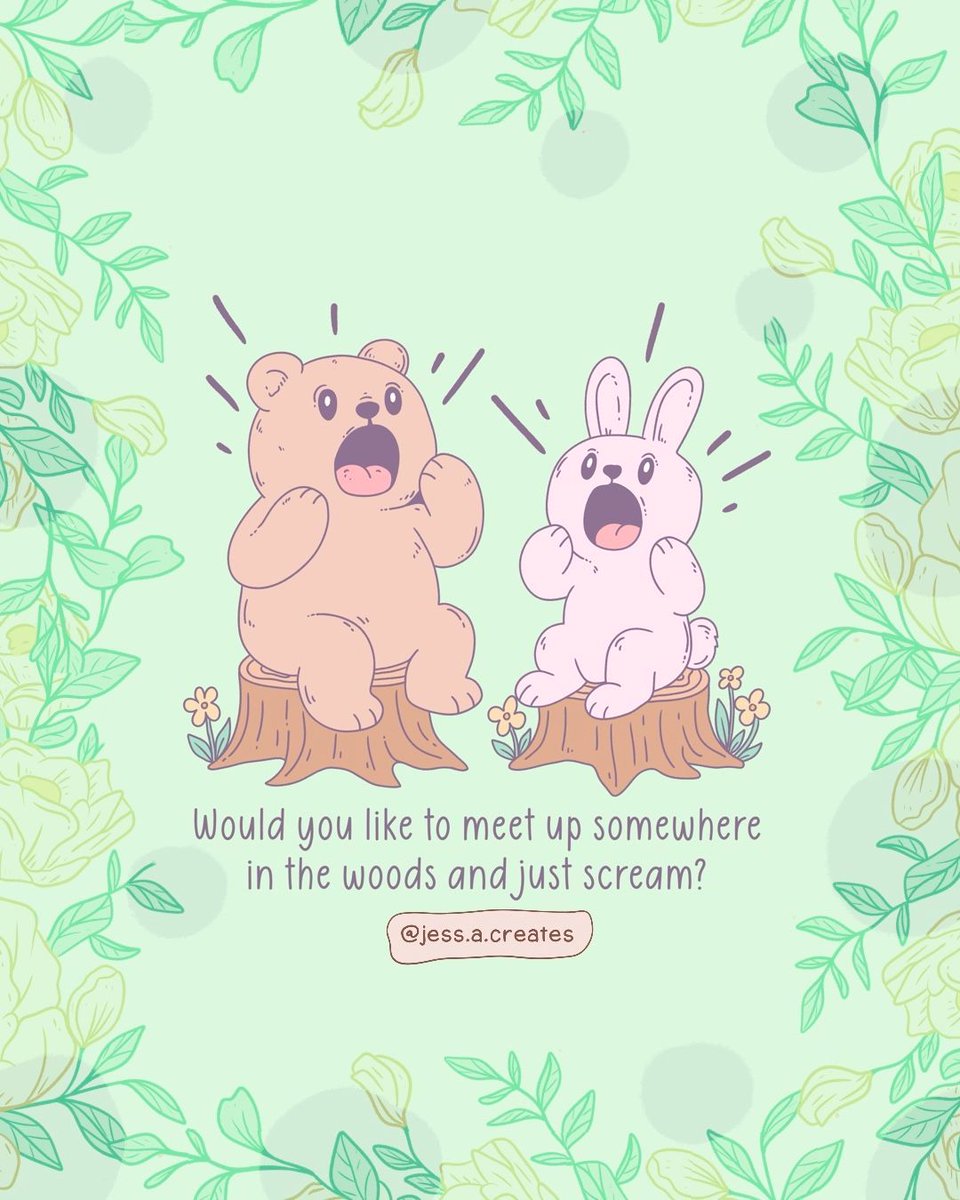 jess_a_creates's tweet photo. Sometimes friendship means sitting on a stump and screaming into the void together.
#screamclub #chaoticcute #anxietybuddies #relatablehumor #foresttherapy #jessacreates https://t.co/dRV05ajzU3