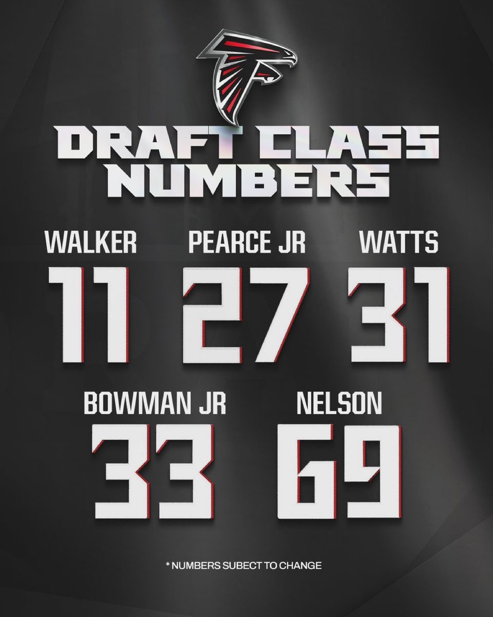 AdamSchefter's tweet photo. Falcons’ first-round draft picks Jalon Walker will wear No. 11 and James Pearce Jr. No. 27. https://t.co/0hlV3nGw1i
