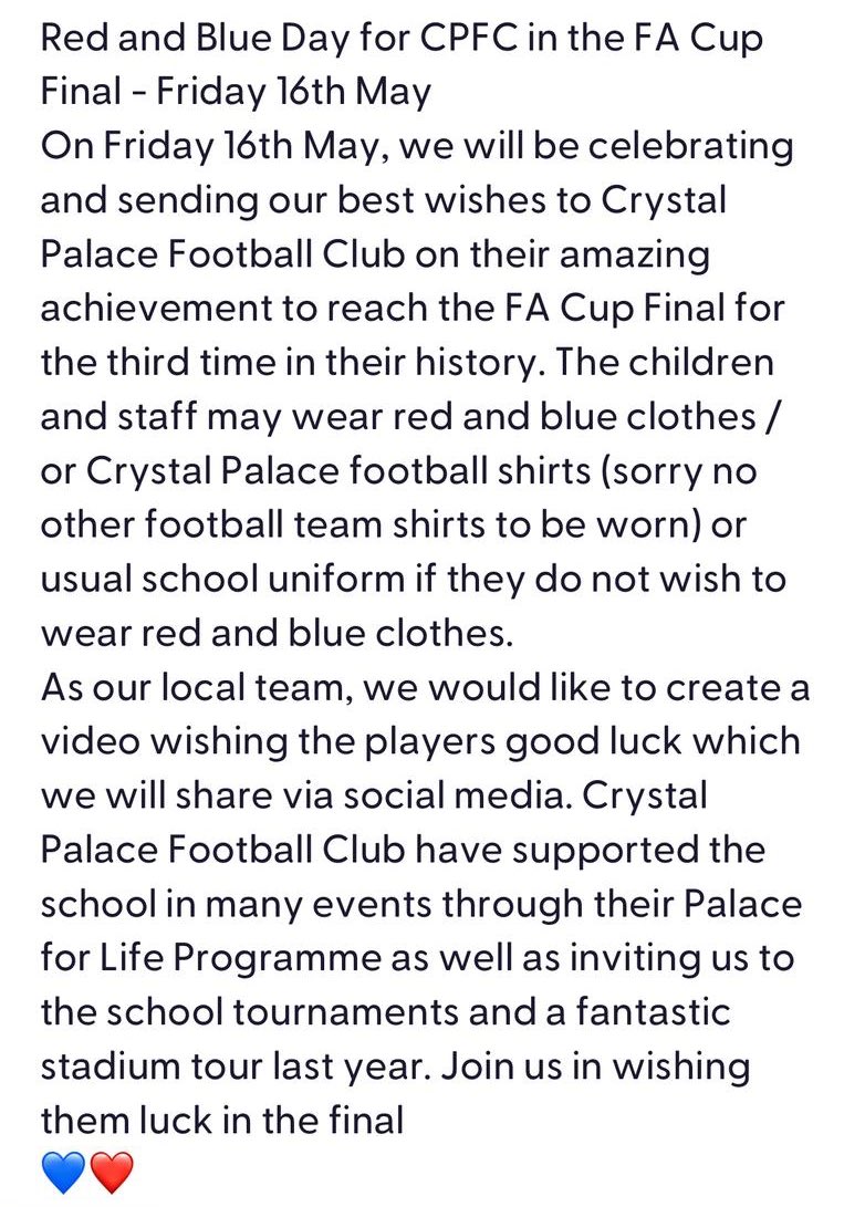 ᴅᴀʀʀᴇɴ (@darrenr_85) on Twitter photo Received this from my sons school for next Friday ❤️💙 <a href="/CPFC/">Crystal Palace F.C.</a> <a href="/EmiratesFACup/">Emirates FA Cup</a>
#cpfc #FACupFinal Received this from my sons school for next Friday ❤️💙 <a href="/CPFC/">Crystal Palace F.C.</a> <a href="/EmiratesFACup/">Emirates FA Cup</a>
#cpfc #FACupFinal