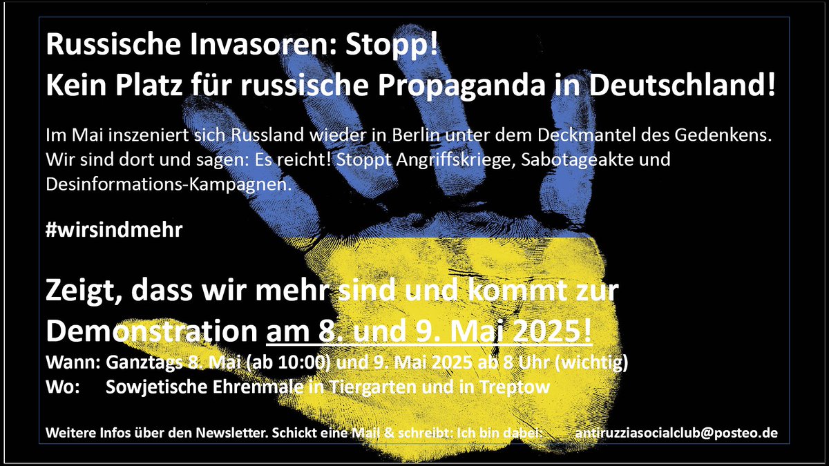 Morgen ist in #Berlin ein Feiertag, Freitag ein Brückentag. Nutzt die freie Zeit! Unterstützt <a href="/HenryLindo123/">Henry</a> und alle, die am 8./9. Mai in Berlin ein Zeichen setzen – für ein vereintes Europa und eine freie Ukraine 🇺🇦, gegen russischen Imperialismus. #Anstand